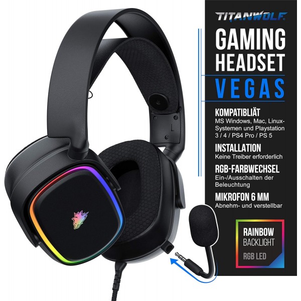 CSL - Titanwolf PC 헤드셋 7.1 버추얼 서라운드 - 패브릭 코팅 처리된 1.95cm 케이블 - 탈착식 마이크 - 볼륨이 있는 케이블 리모콘 - 마이크로 - RGB - 백라이트 LED - PS4 PS5용