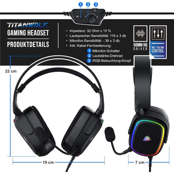 CSL - Titanwolf PC 헤드셋 7.1 버추얼 서라운드 - 패브릭 코팅 처리된 1.95cm 케이블 - 탈착식 마이크 - 볼륨이 있는 케이블 리모콘 - 마이크로 - RGB - 백라이트 LED - PS4 PS5용