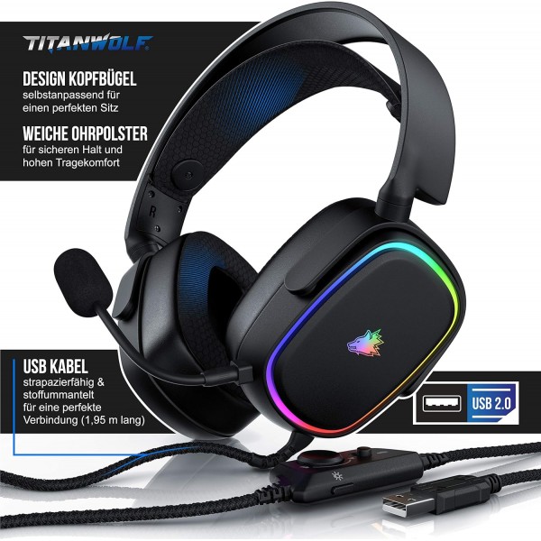 CSL - Titanwolf PC 헤드셋 7.1 버추얼 서라운드 - 패브릭 코팅 처리된 1.95cm 케이블 - 탈착식 마이크 - 볼륨이 있는 케이블 리모콘 - 마이크로 - RGB - 백라이트 LED - PS4 PS5용