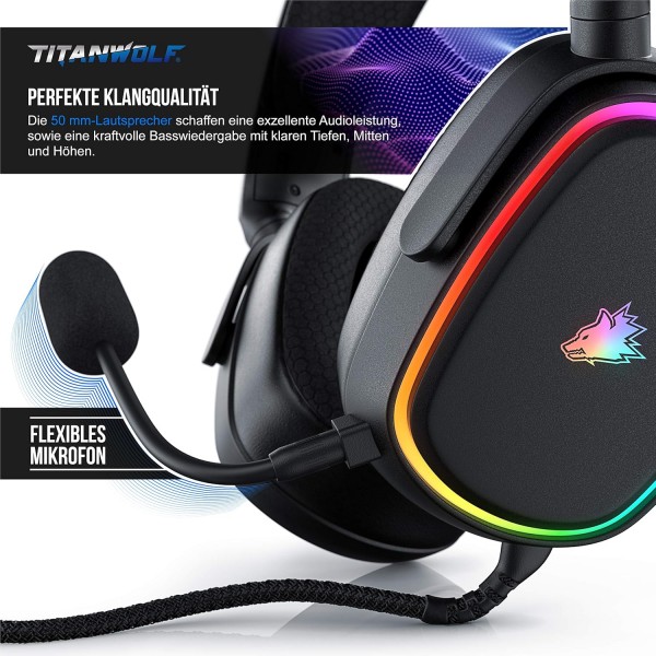 CSL - Titanwolf PC 헤드셋 7.1 버추얼 서라운드 - 패브릭 코팅 처리된 1.95cm 케이블 - 탈착식 마이크 - 볼륨이 있는 케이블 리모콘 - 마이크로 - RGB - 백라이트 LED - PS4 PS5용