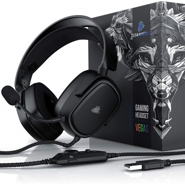 CSL - Titanwolf PC 헤드셋 7.1 버추얼 서라운드 - 패브릭 코팅 처리된 1.95cm 케이블 - 탈착식 마이크 - 볼륨이 있는 케이블 리모콘 - 마이크로 - RGB - 백라이트 LED - PS4 PS5용