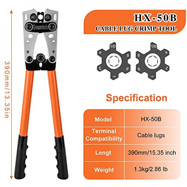 배터리 케이블 러그 크림퍼 도구 6-50mm², 전선 압착 도구, 압착용 펜치 10,8,6,4,2 및 1/0 AWG 와이어 케이블 절단 및 피복 제거용 케이블 커터가 있는 와이어 케이블