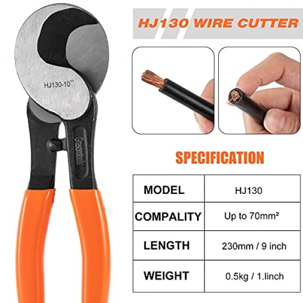 배터리 케이블 러그 크림퍼 도구 6-50mm², 전선 압착 도구, 압착용 펜치 10,8,6,4,2 및 1/0 AWG 와이어 케이블 절단 및 피복 제거용 케이블 커터가 있는 와이어 케이블