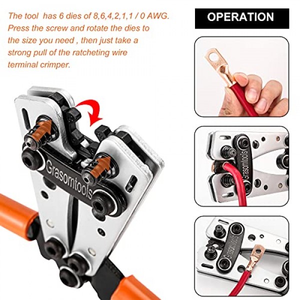 배터리 케이블 러그 크림퍼 도구 6-50mm², 전선 압착 도구, 압착용 펜치 10,8,6,4,2 및 1/0 AWG 와이어 케이블 절단 및 피복 제거용 케이블 커터가 있는 와이어 케이블