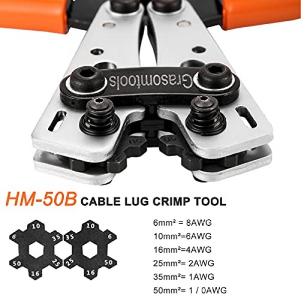 배터리 케이블 러그 크림퍼 도구 6-50mm², 전선 압착 도구, 압착용 펜치 10,8,6,4,2 및 1/0 AWG 와이어 케이블 절단 및 피복 제거용 케이블 커터가 있는 와이어 케이블