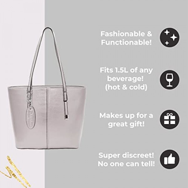 PortoVino 클래식 토트백 - 와인 2병을 담고 부을 수 있는 와인 애호가를 위한 숨겨진 주둥이와 디스펜서 플라스크가 있는 비건 가죽 와인 지갑! 여행, 콘서트, 독신 파티 