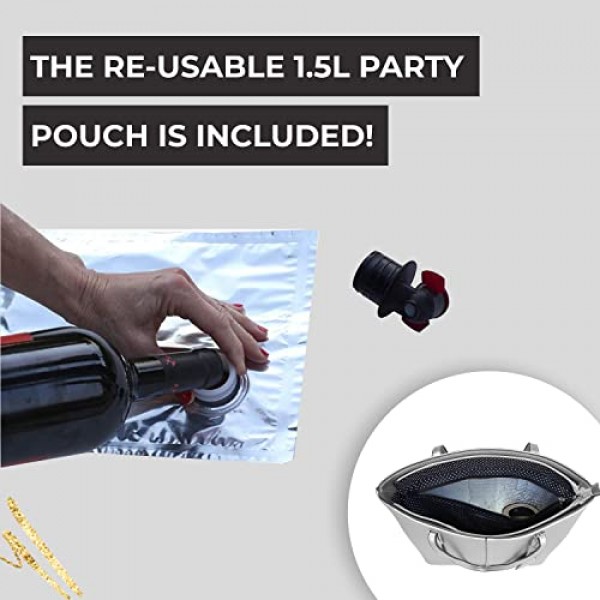 PortoVino 클래식 토트백 - 와인 2병을 담고 부을 수 있는 와인 애호가를 위한 숨겨진 주둥이와 디스펜서 플라스크가 있는 비건 가죽 와인 지갑! 여행, 콘서트, 독신 파티 