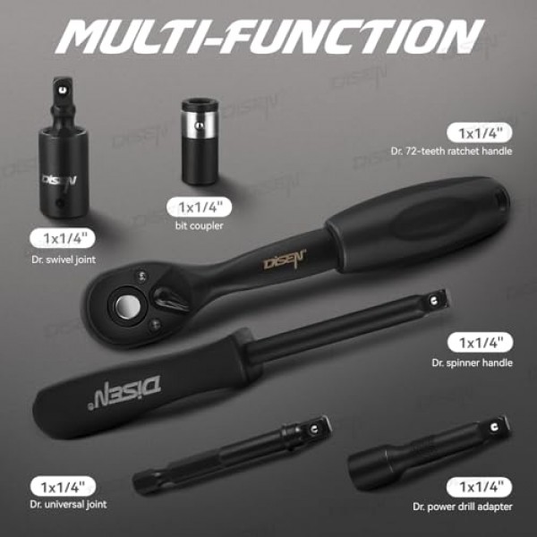 1/4'' 드라이브 소켓 세트, 미터법(4-15mm), 72톱니 래칫 렌치가 포함된 깊고 얕은, 가정 및 자동차 수리용 범용 조인트 및 파워 드릴 어댑터