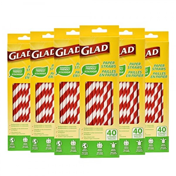 다행 친환경 종이 빨대 | 생분해성 종이 빨대 6팩 | 빨간색과 흰색 줄무늬 빨대, 팩당 40Ct | 총 240개의 빨대 | 빨간색과 흰색 빨대, 마시는 종이 빨대