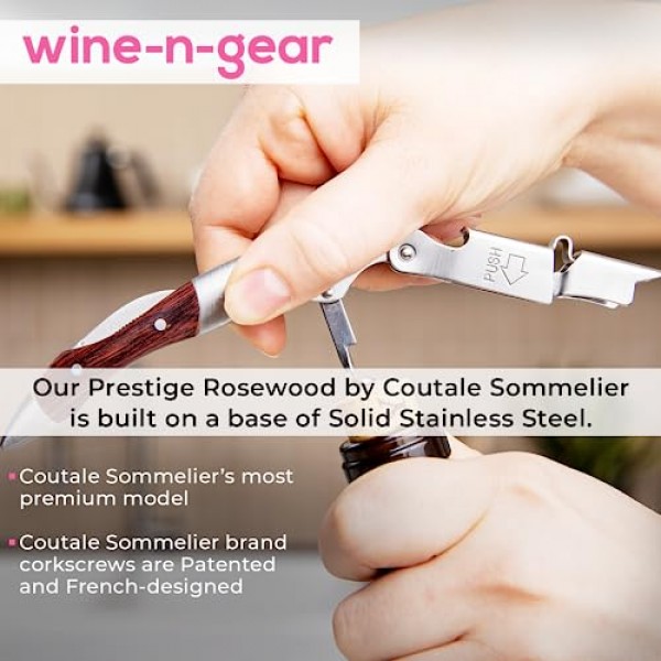 Coutale Sommelier의 프레스티지 웨이터 와인 병따개 - 로즈우드 - 프랑스 특허 스프링 장착 더블 레버 와인 오프너 - 바텐더 및 선물용 훌륭한 수동 코르크 따개