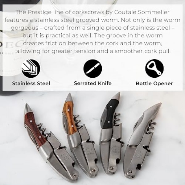 Coutale Sommelier의 프레스티지 웨이터 와인 병따개 - 로즈우드 - 프랑스 특허 스프링 장착 더블 레버 와인 오프너 - 바텐더 및 선물용 훌륭한 수동 코르크 따개