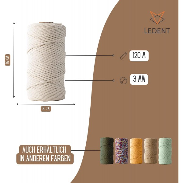 Ledent Macrame Yarn Double Twisted (3mm, Natural, 120M) - 100% 재생 면사로 만든 마크라메용 로프사 - 두꺼운 마크라메 원사 공예
