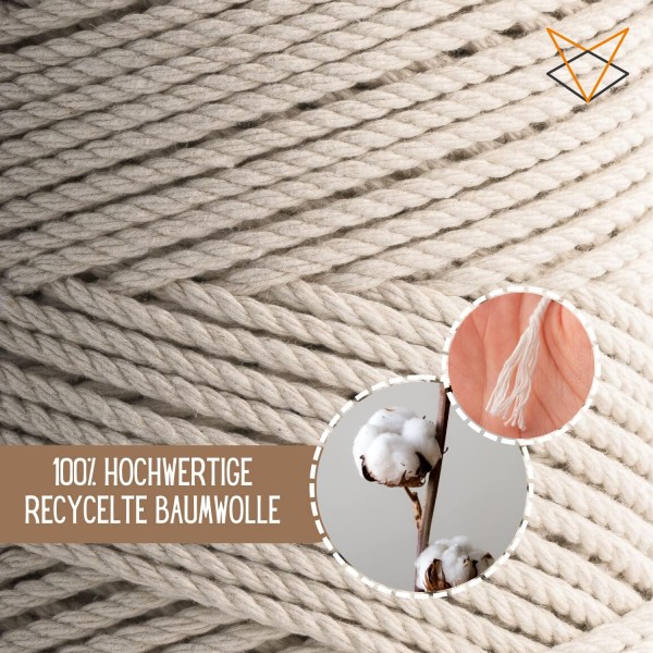 Ledent Macrame Yarn Double Twisted (3mm, Natural, 120M) - 100% 재생 면사로 만든 마크라메용 로프사 - 두꺼운 마크라메 원사 공예