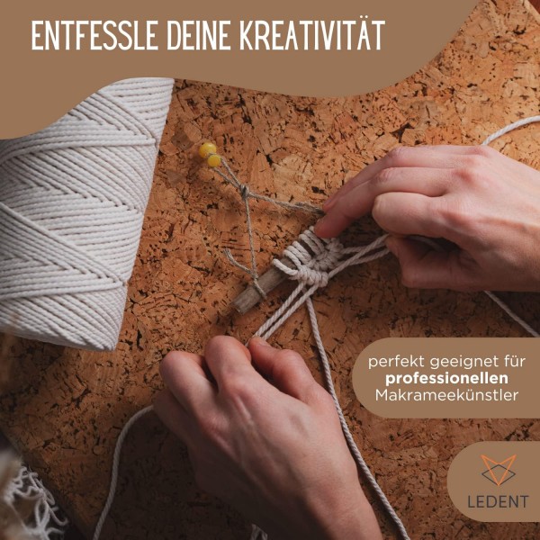 Ledent Macrame Yarn Double Twisted (3mm, Natural, 120M) - 100% 재생 면사로 만든 마크라메용 로프사 - 두꺼운 마크라메 원사 공예