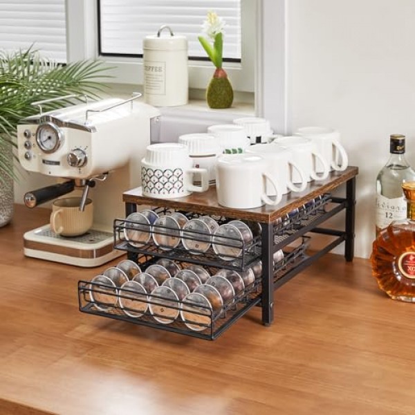 IBUYKE 네스프레소용 2단 커피 포드 서랍 홀더, 캡슐 포드 보관 주최자, 컴팩트 언더 커피 포트 보관 서랍, 슬림 홈 주방 카운터 주최자 TCJ102H, 러스틱 브라운