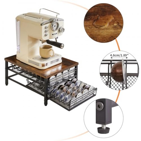 IBUYKE 네스프레소용 2단 커피 포드 서랍 홀더, 캡슐 포드 보관 주최자, 컴팩트 언더 커피 포트 보관 서랍, 슬림 홈 주방 카운터 주최자 TCJ102H, 러스틱 브라운