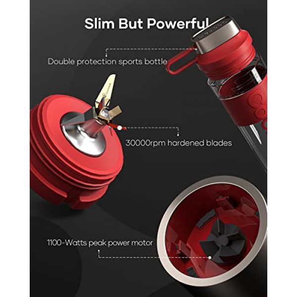 Cocinare 개인 블렌더, 셰이크 및 스무디용 1100W 휴대용 블렌더, 티타늄 블레이드 6개, 휴대용 스포츠 병 16온스, 500개 이상의 온라인 레시피, 주방용, 냉동 과일, 얼음, 견