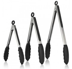 주방 집게, U-Taste 7/9/12인치 요리 집게, 480°F 높은 내열성 붙지 않는 실리콘 팁 포함, 18/8 스테인레스 스틸 손잡이, 음식 그릴, 샐러드, 바비큐, 튀김, 서빙용, 3개 팩( 검