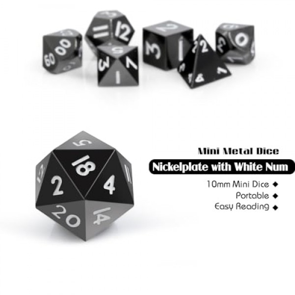 미니 금속 주사위 세트 D&D,DNDND 10mm 금속 DND 주사위 세트, 던전 및 드래곤 D&D 게임용 화려한 선물 주사위 상자 포함(검은색 흰색 숫자)