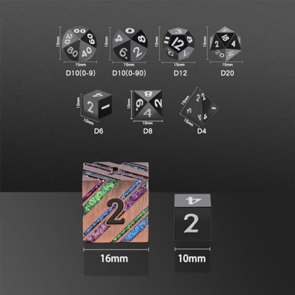 미니 금속 주사위 세트 D&D,DNDND 10mm 금속 DND 주사위 세트, 던전 및 드래곤 D&D 게임용 화려한 선물 주사위 상자 포함(검은색 흰색 숫자)