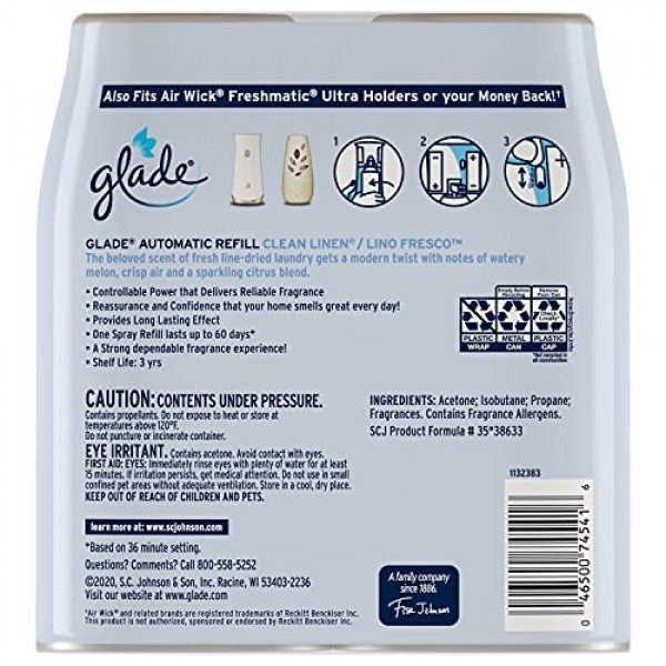 Glade 자동 스프레이 공기 청정제 리필, 가정 및 욕실용 향기로운 공기 청정제, 깨끗한 린넨, 6.2온스, 2개