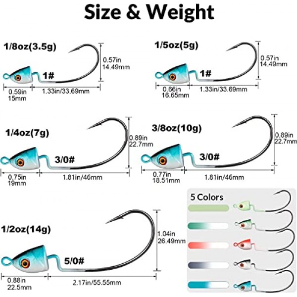 THKFISH 지그 헤드 Swimbait 지그 낚시 후크 배스 낚시용 지그 헤드 텍사스 리그 후크 5가지 색상 1/8oz 1/5oz 1/4oz 3/8oz 1/2oz 10pcs