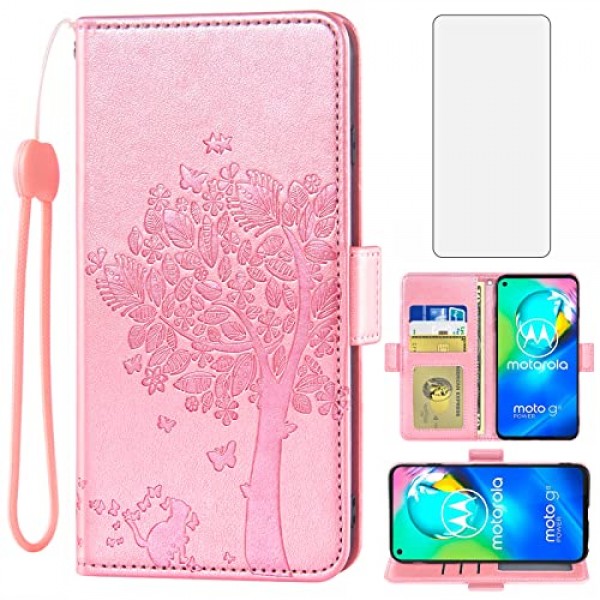 Asuwish는 Moto G8 Power 지갑 케이스 및 강화 유리 화면 보호기와 호환됩니다. MotoG8Power용 플립 손목 스트랩 카드 홀더 휴대폰 커버 Motorola 8 8G G8Power XT2041-1 2020 여성용 로즈 