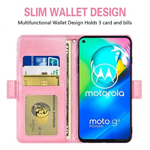 Asuwish는 Moto G8 Power 지갑 케이스 및 강화 유리 화면 보호기와 호환됩니다. MotoG8Power용 플립 손목 스트랩 카드 홀더 휴대폰 커버 Motorola 8 8G G8Power XT2041-1 2020 여성용 로즈 