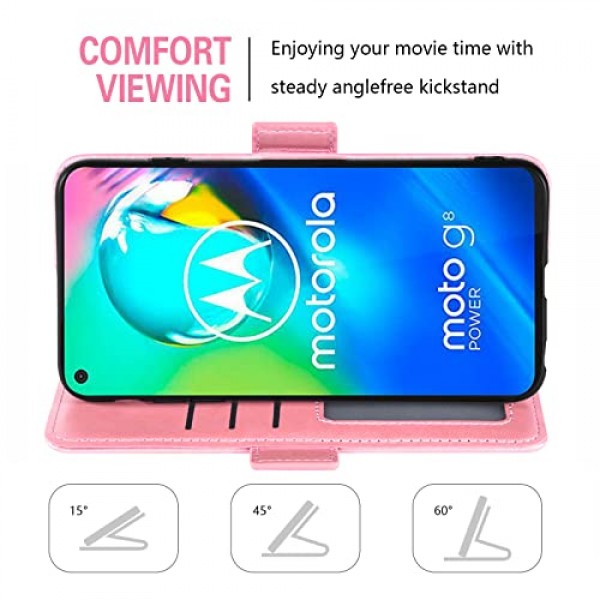 Asuwish는 Moto G8 Power 지갑 케이스 및 강화 유리 화면 보호기와 호환됩니다. MotoG8Power용 플립 손목 스트랩 카드 홀더 휴대폰 커버 Motorola 8 8G G8Power XT2041-1 2020 여성용 로즈 