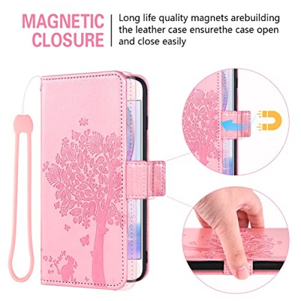 Asuwish는 Moto G8 Power 지갑 케이스 및 강화 유리 화면 보호기와 호환됩니다. MotoG8Power용 플립 손목 스트랩 카드 홀더 휴대폰 커버 Motorola 8 8G G8Power XT2041-1 2020 여성용 로즈 