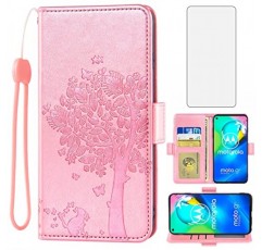 Asuwish는 Moto G8 Power 지갑 케이스 및 강화 유리 화면 보호기와 호환됩니다. MotoG8Power용 플립 손목 스트랩 카드 홀더 휴대폰 커버 Motorola 8 8G G8Power XT2041-1 2020 여성용 로즈 