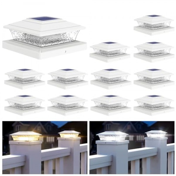 APONUO 태양광 포스트 조명 실외, 2가지 조명 모드 16 LED 태양광 포스트 캡 조명 4x4 5x5 6x6 비닐 나무 기둥 방수 울타리 포스트 조명 데크/울타/베란다용 태양광 발전(흰색,