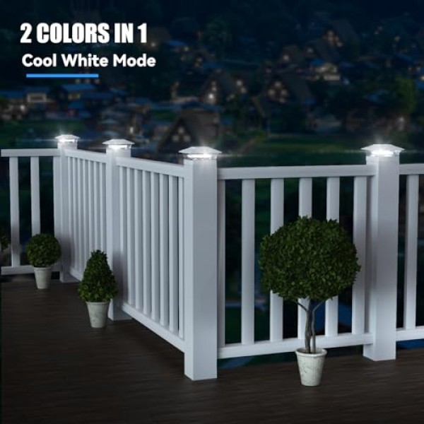 APONUO 태양광 포스트 조명 실외, 2가지 조명 모드 16 LED 태양광 포스트 캡 조명 4x4 5x5 6x6 비닐 나무 기둥 방수 울타리 포스트 조명 데크/울타/베란다용 태양광 발전(흰색,