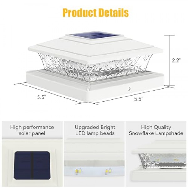 APONUO 태양광 포스트 조명 실외, 2가지 조명 모드 16 LED 태양광 포스트 캡 조명 4x4 5x5 6x6 비닐 나무 기둥 방수 울타리 포스트 조명 데크/울타/베란다용 태양광 발전(흰색,