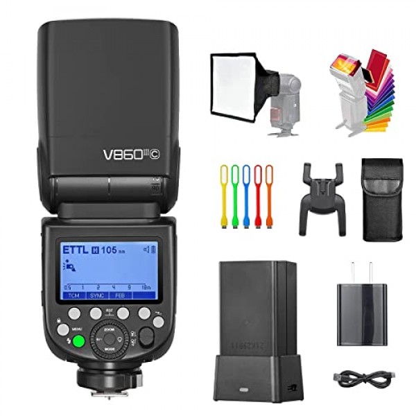 Godox V860III-C E-TTL 카메라 플래시, 고속 동조 1/8000s 2.4G GN60 스피드라이트, 소프트박스, 필터, USB LED가 포함된 Canon 카메라(업그레이드 V860II-C)와 호환되는 2600mAh 리튬 이온