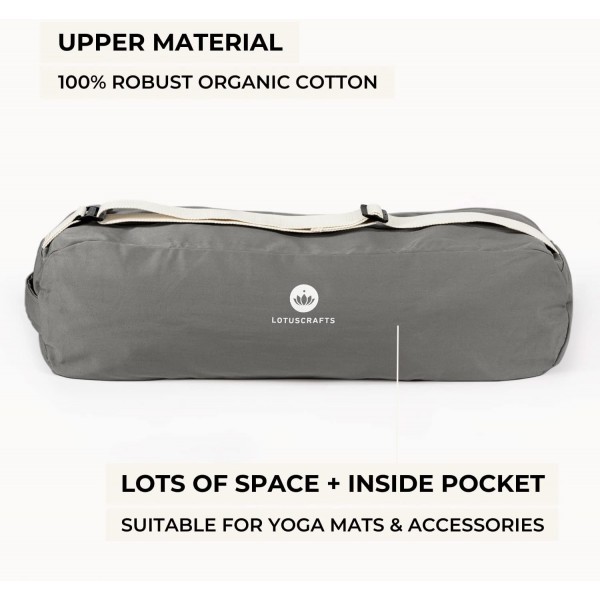 올가닉 면으로 만든 Lotuscrafts 요가 가방 PUNE - 공정하고 적으로 제조됨 - 여분의 공간이 있는 대형 요가 매트 가방 - 요가 매트 및 요가 액세서리 무연탄을 위한 가방
