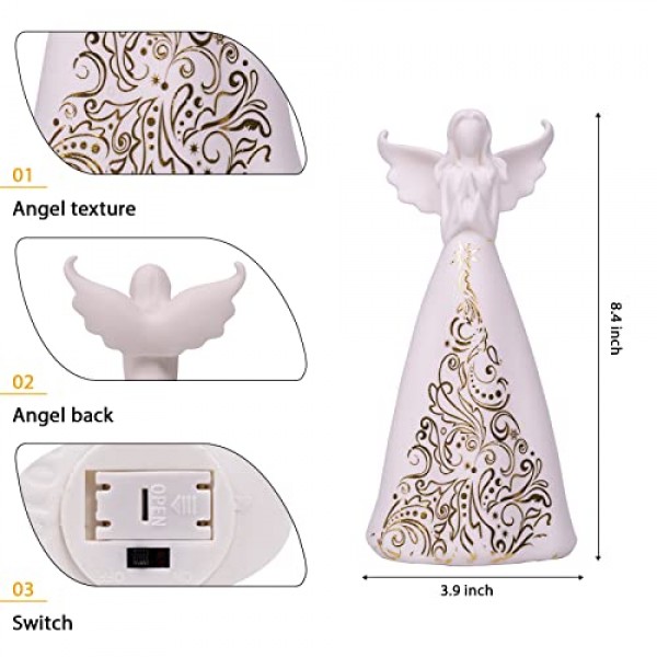 천사 인형 기도 손 LED 조명이 있는 천사 Staues, 가족을 위한 조각 도자기 수집품, 우정 기념 선물 선물