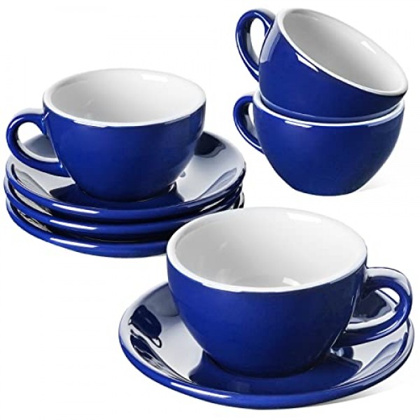 LE TAUCI 8온스 카푸치노 컵(받침 포함), 오레용 세라믹 대형 커피잔, 더블 샷, 라떼, 카페 모카, 차 - 4개 세트, 블루