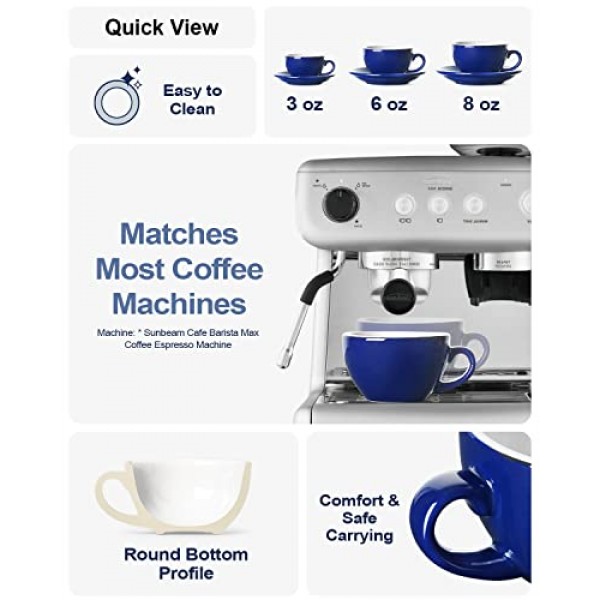 LE TAUCI 8온스 카푸치노 컵(받침 포함), 오레용 세라믹 대형 커피잔, 더블 샷, 라떼, 카페 모카, 차 - 4개 세트, 블루