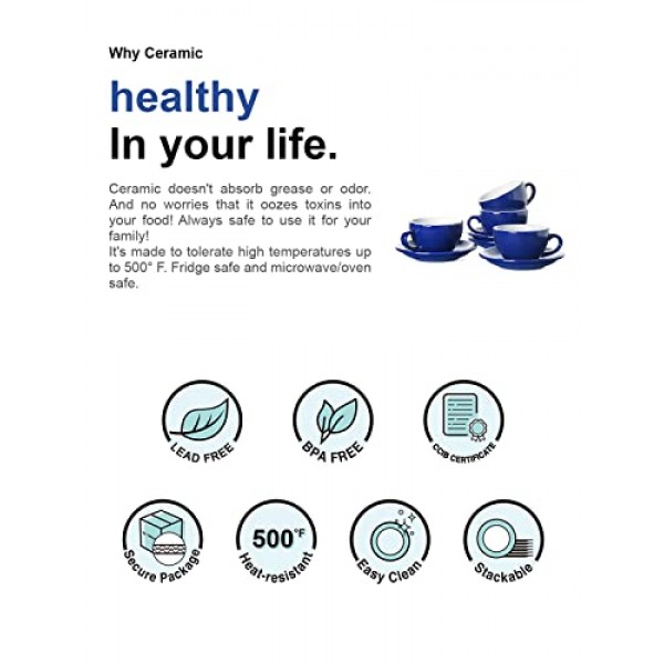 LE TAUCI 8온스 카푸치노 컵(받침 포함), 오레용 세라믹 대형 커피잔, 더블 샷, 라떼, 카페 모카, 차 - 4개 세트, 블루