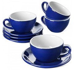 LE TAUCI 8온스 카푸치노 컵(받침 포함), 오레용 세라믹 대형 커피잔, 더블 샷, 라떼, 카페 모카, 차 - 4개 세트, 블루