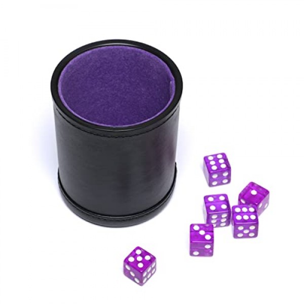 Pu 가죽 주사위 컵 보라색 펠트 줄 지어 Yahtzee Farkle Bar 파티 가족 주사위 게임용 16mm 주사위 포함, 2 팩