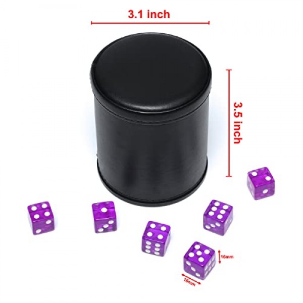 Pu 가죽 주사위 컵 보라색 펠트 줄 지어 Yahtzee Farkle Bar 파티 가족 주사위 게임용 16mm 주사위 포함, 2 팩