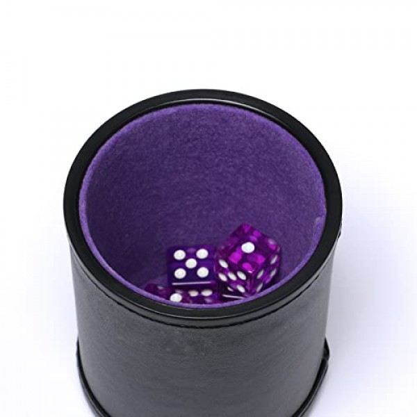 Pu 가죽 주사위 컵 보라색 펠트 줄 지어 Yahtzee Farkle Bar 파티 가족 주사위 게임용 16mm 주사위 포함, 2 팩