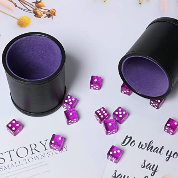 Pu 가죽 주사위 컵 보라색 펠트 줄 지어 Yahtzee Farkle Bar 파티 가족 주사위 게임용 16mm 주사위 포함, 2 팩