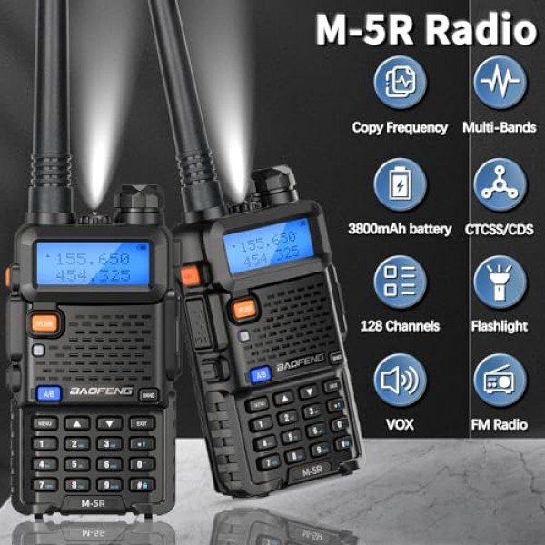 BAOFENG Ham Radio 장거리 M-5R 휴대용 양방향 라디오(UV-5R 업그레이드 버전) 성인용 장거리 워키토키, 복사 주파수, AirBand 5RX 2 웨이 라디오(이어피스 배터리 포함) 풀 키트