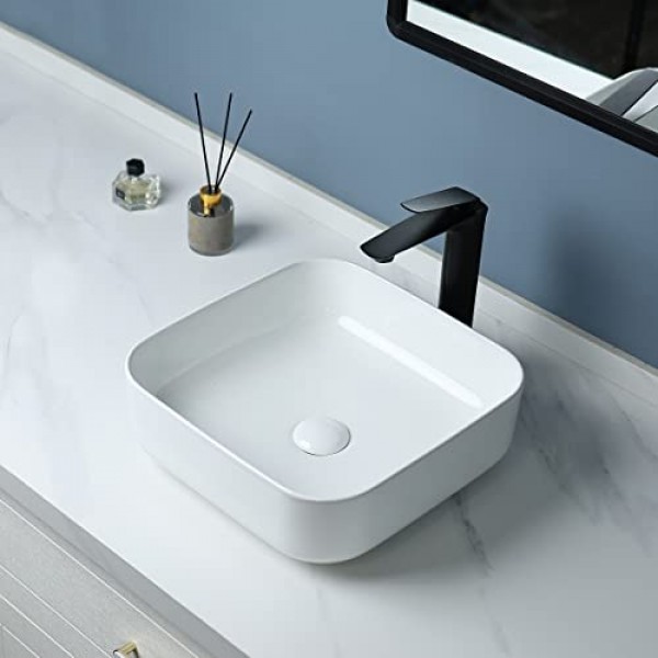 팝업 배수 장치가 있는 Bathivy 용기 싱크, 15x15 흰색 욕실 싱크 직사각형 카운터 위 세라믹 도자기 세면기 싱크대 욕실 세면대 용기 싱크대 세면대 아트 세면대(흰색)