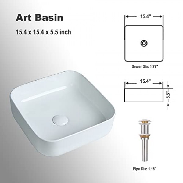 팝업 배수 장치가 있는 Bathivy 용기 싱크, 15x15 흰색 욕실 싱크 직사각형 카운터 위 세라믹 도자기 세면기 싱크대 욕실 세면대 용기 싱크대 세면대 아트 세면대(흰색)