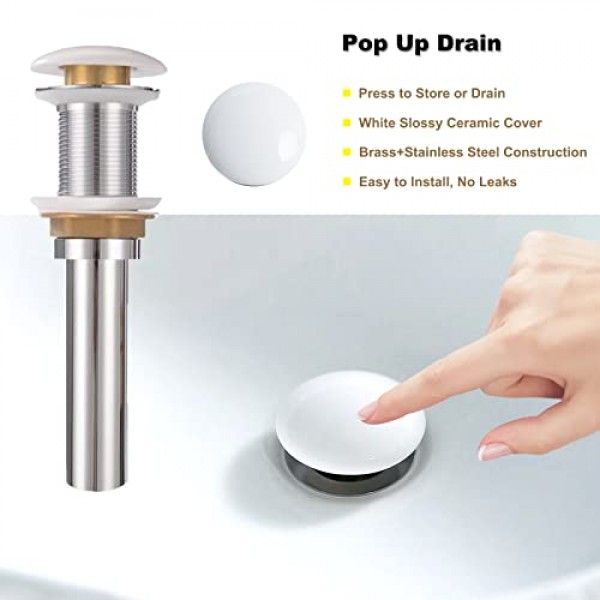 팝업 배수 장치가 있는 Bathivy 용기 싱크, 15x15 흰색 욕실 싱크 직사각형 카운터 위 세라믹 도자기 세면기 싱크대 욕실 세면대 용기 싱크대 세면대 아트 세면대(흰색)