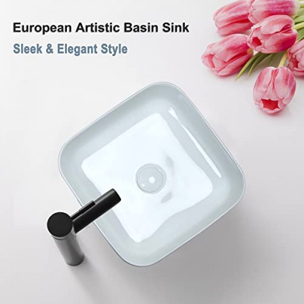 팝업 배수 장치가 있는 Bathivy 용기 싱크, 15x15 흰색 욕실 싱크 직사각형 카운터 위 세라믹 도자기 세면기 싱크대 욕실 세면대 용기 싱크대 세면대 아트 세면대(흰색)